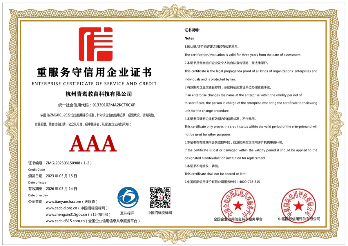 Service and credit excellence certificate